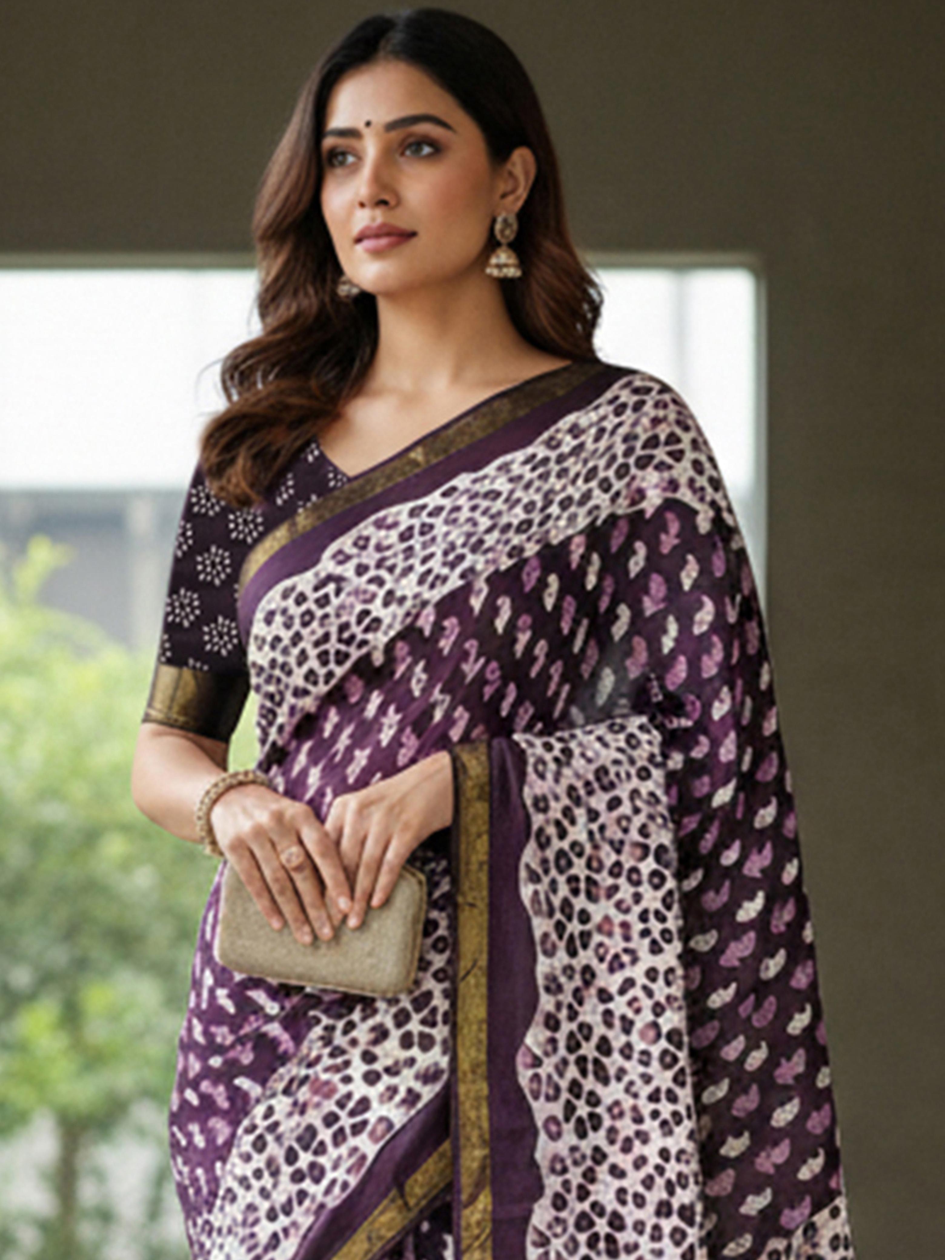 Purple Pure Soft Mal Mal Cotton Bagru Block Print Saree