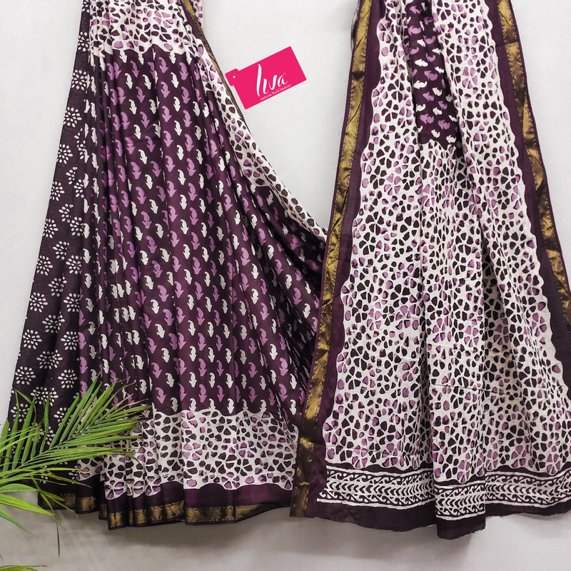 Purple Pure Soft Mal Mal Cotton Bagru Block Print Saree