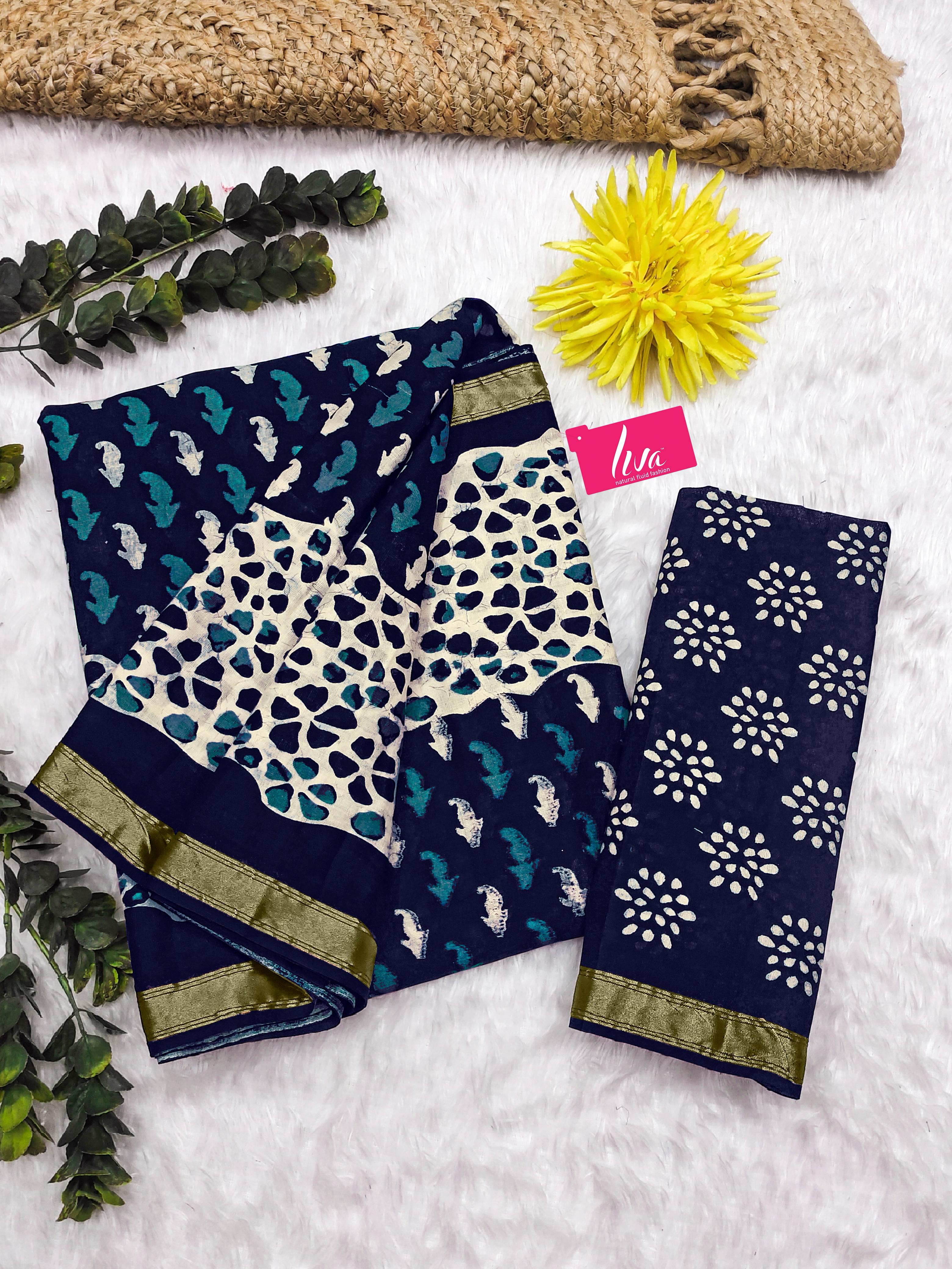 Indigo Pure Soft Mal Mal Cotton Bagru Block Print Saree Cotton saree Anant Tex Exports Pvt.Ltd..