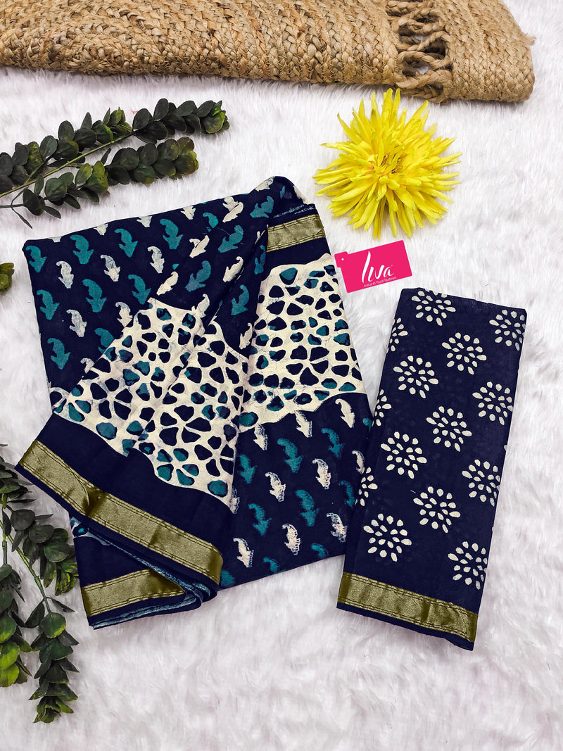 Indigo Pure Soft Mal Mal Cotton Bagru Block Print Saree