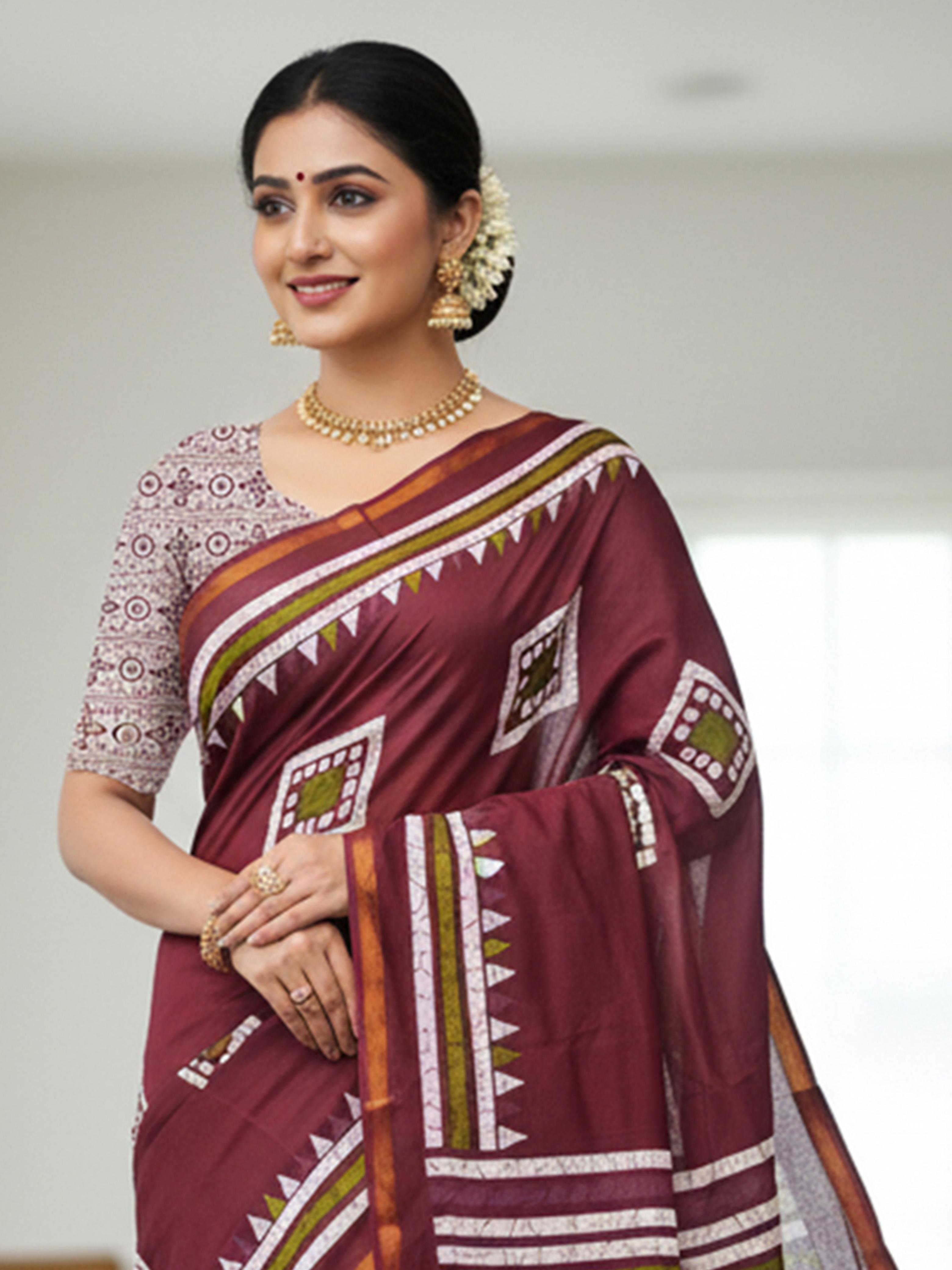 Maroon Pure Soft Mal Mal Cotton Bagru Block Print Saree