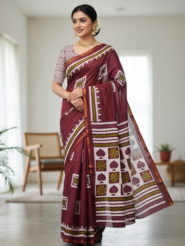 Maroon Pure Soft Mal Mal Cotton Bagru Block Print Saree