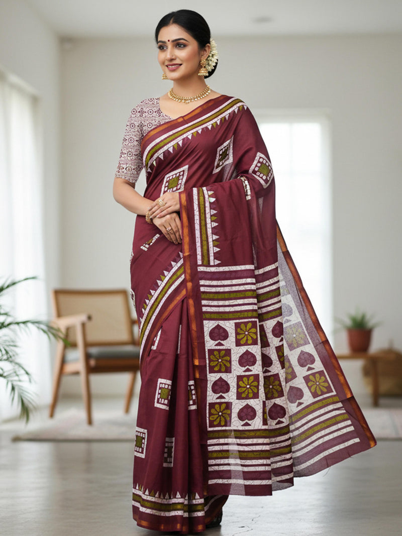 Maroon Pure Soft Mal Mal Cotton Bagru Block Print Saree
