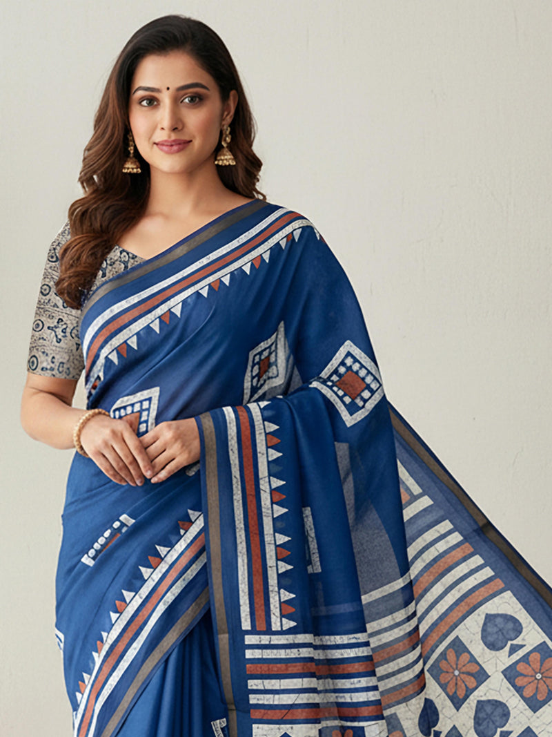 Blue Pure Soft Mal Mal Cotton Bagru Block Print Saree