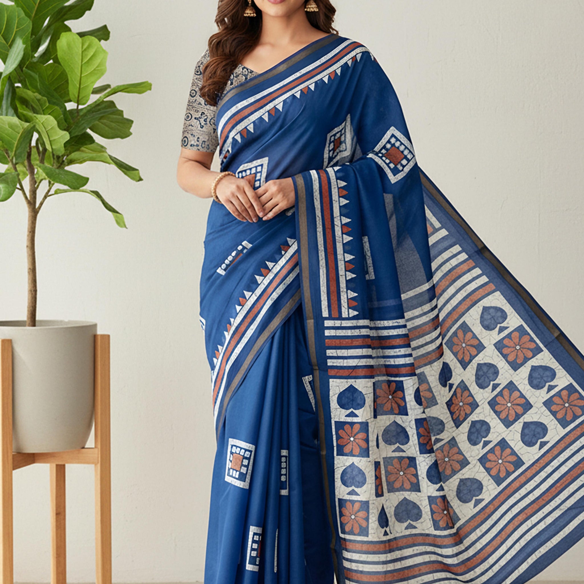 Blue Pure Soft Mal Mal Cotton Bagru Block Print Saree