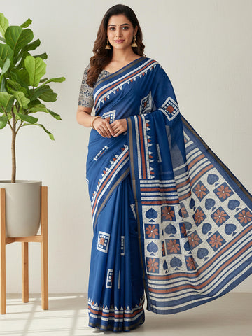 Blue Pure Soft Mal Mal Cotton Bagru Block Print Saree