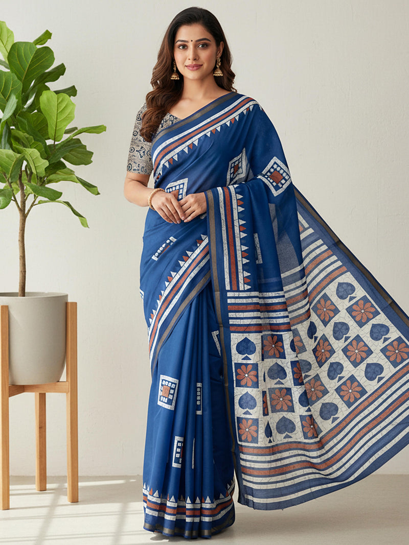 Blue Pure Soft Mal Mal Cotton Bagru Block Print Saree