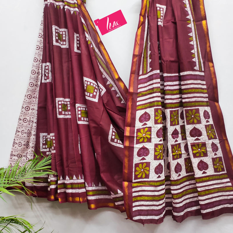 Maroon Pure Soft Mal Mal Cotton Bagru Block Print Saree