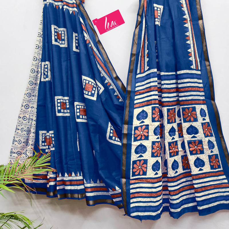 Blue Pure Soft Mal Mal Cotton Bagru Block Print Saree