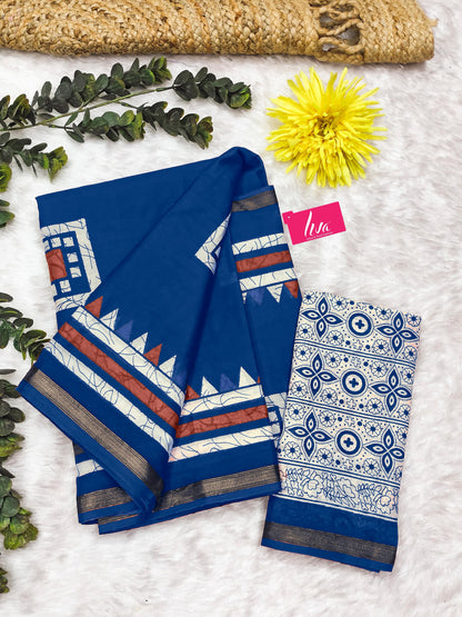 Blue Pure Soft Mal Mal Cotton Bagru Block Print Saree Cotton saree Anant Tex Exports Pvt.Ltd..