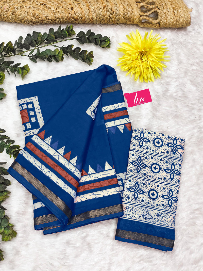 Blue Pure Soft Mal Mal Cotton Bagru Block Print Saree