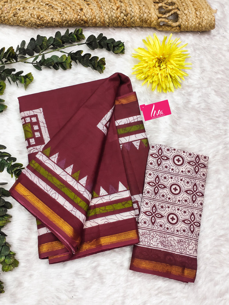 Maroon Pure Soft Mal Mal Cotton Bagru Block Print Saree