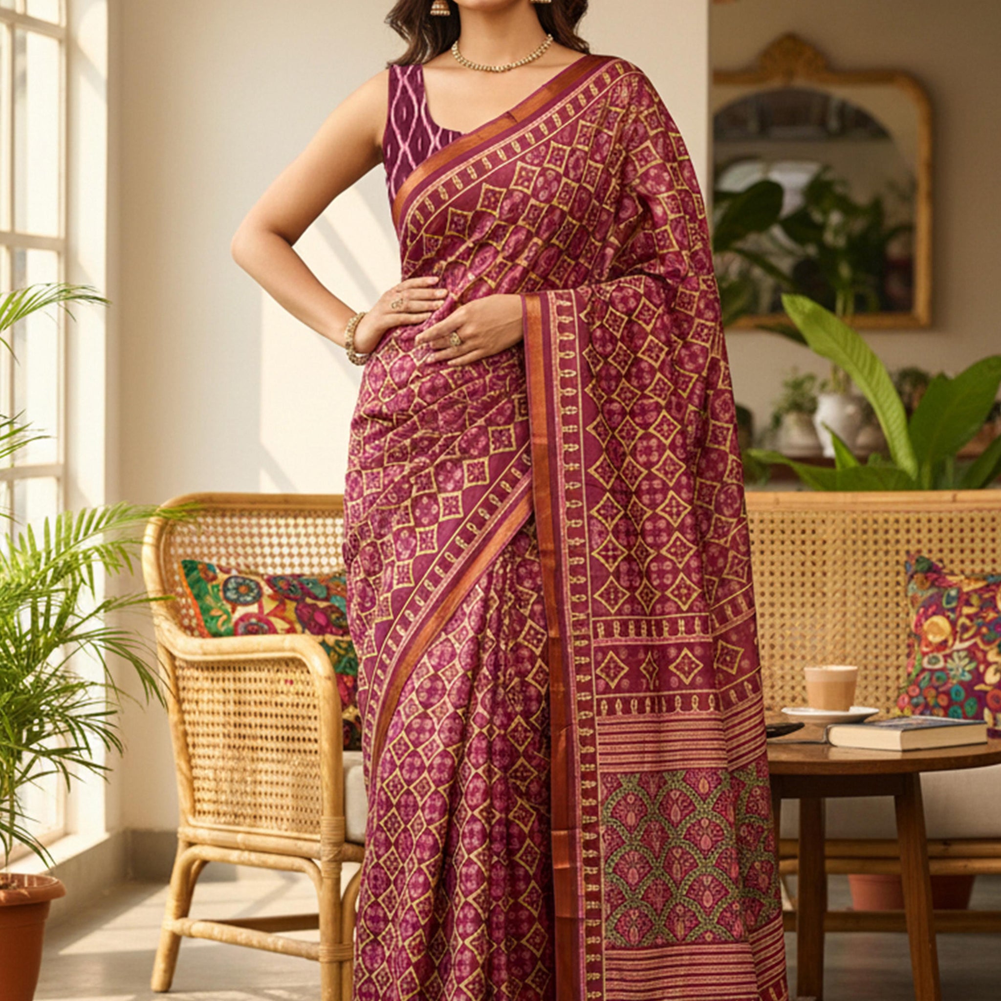 Maroon Pure Soft Mal Mal Cotton Bagru Block Print Saree