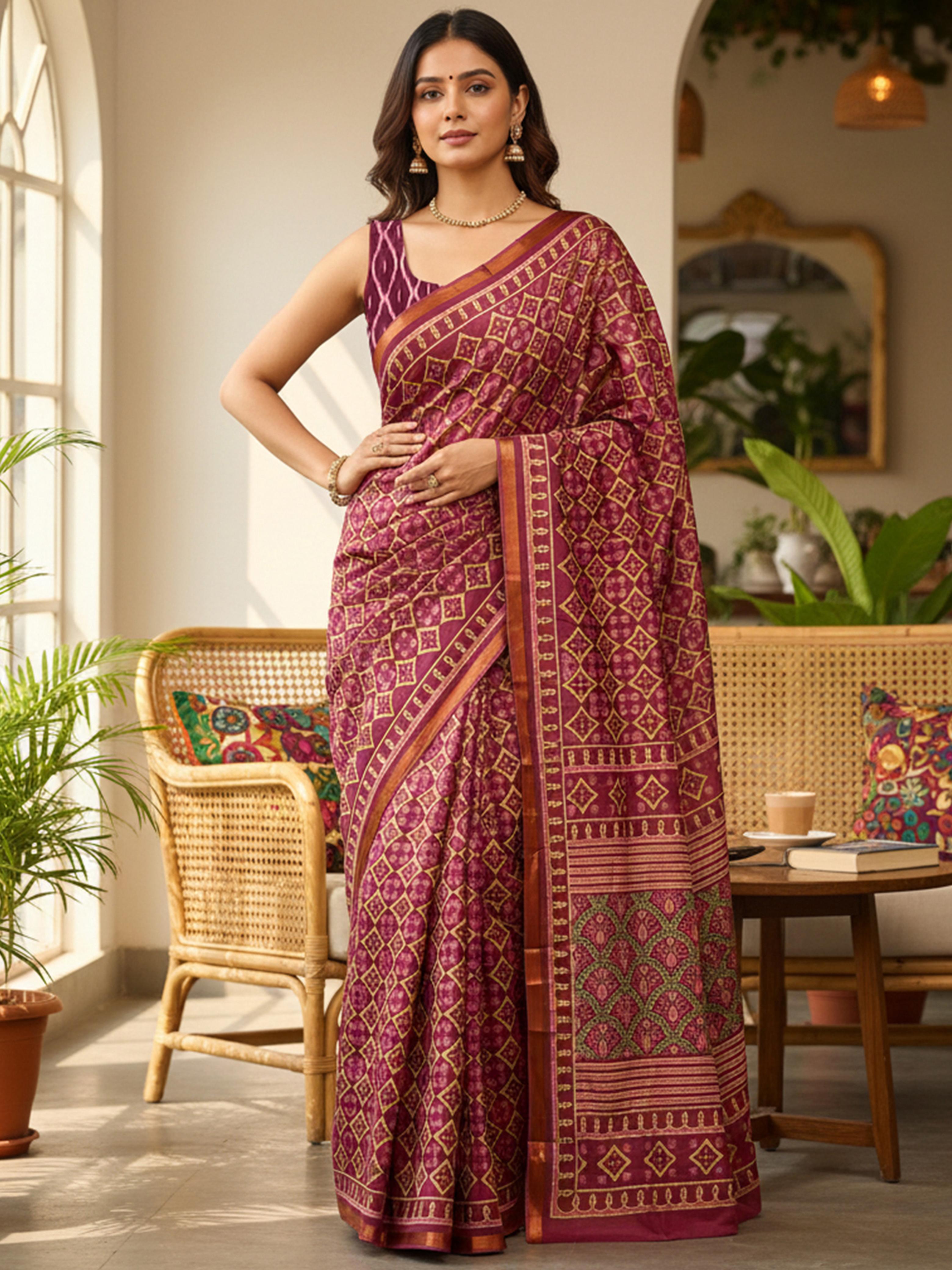 Maroon Pure Soft Mal Mal Cotton Bagru Block Print Saree