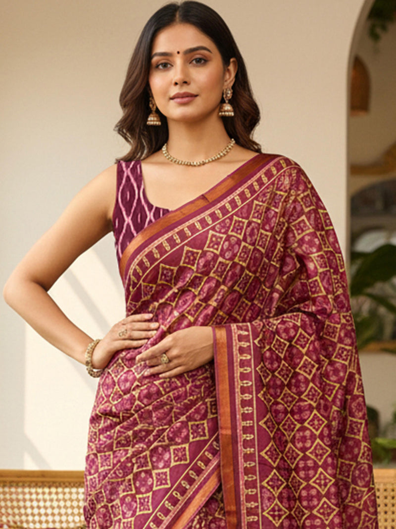 Maroon Pure Soft Mal Mal Cotton Bagru Block Print Saree