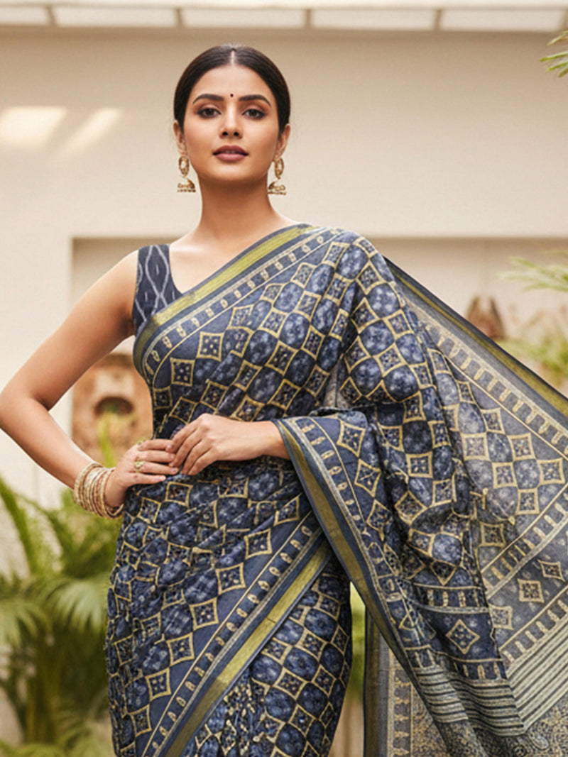 Grey Pure Soft Mal Mal Cotton Bagru Block Print Saree