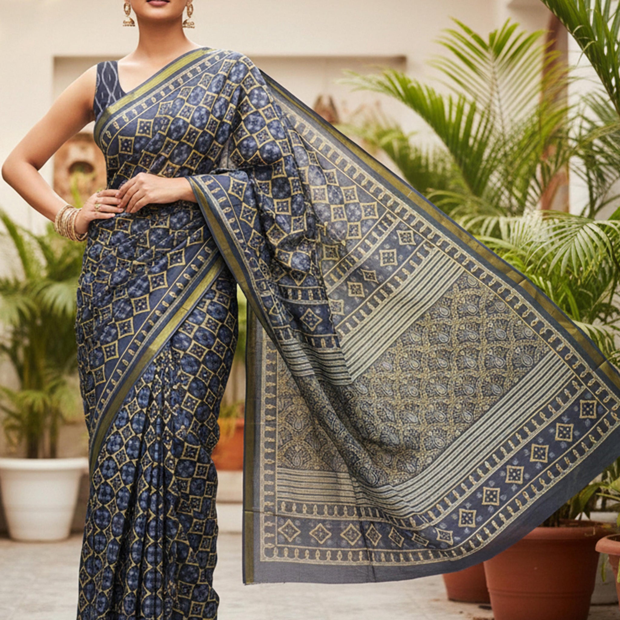 Grey Pure Soft Mal Mal Cotton Bagru Block Print Saree