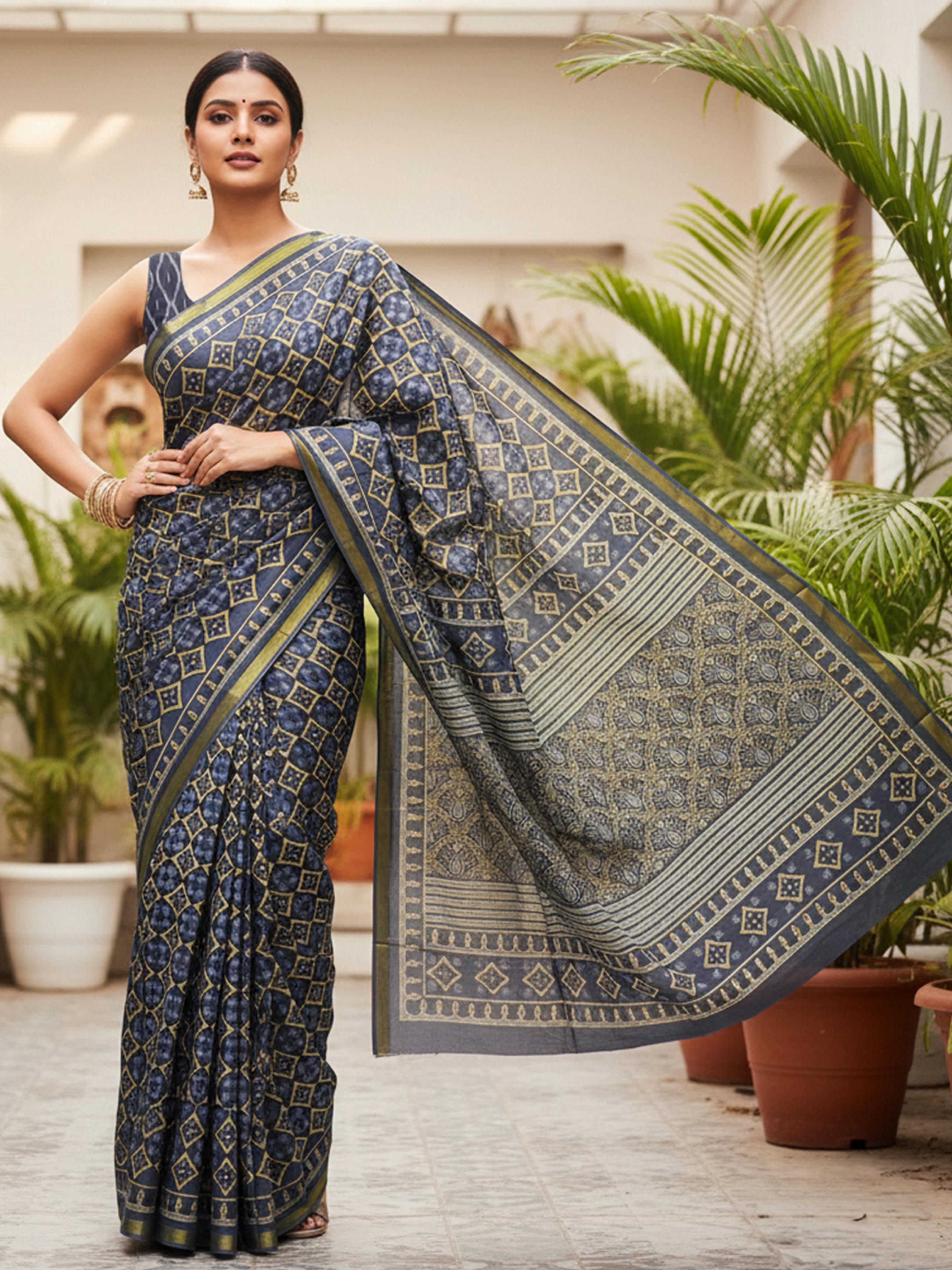 Grey Pure Soft Mal Mal Cotton Bagru Block Print Saree