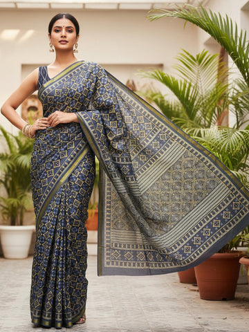 Grey Pure Soft Mal Mal Cotton Bagru Block Print Saree
