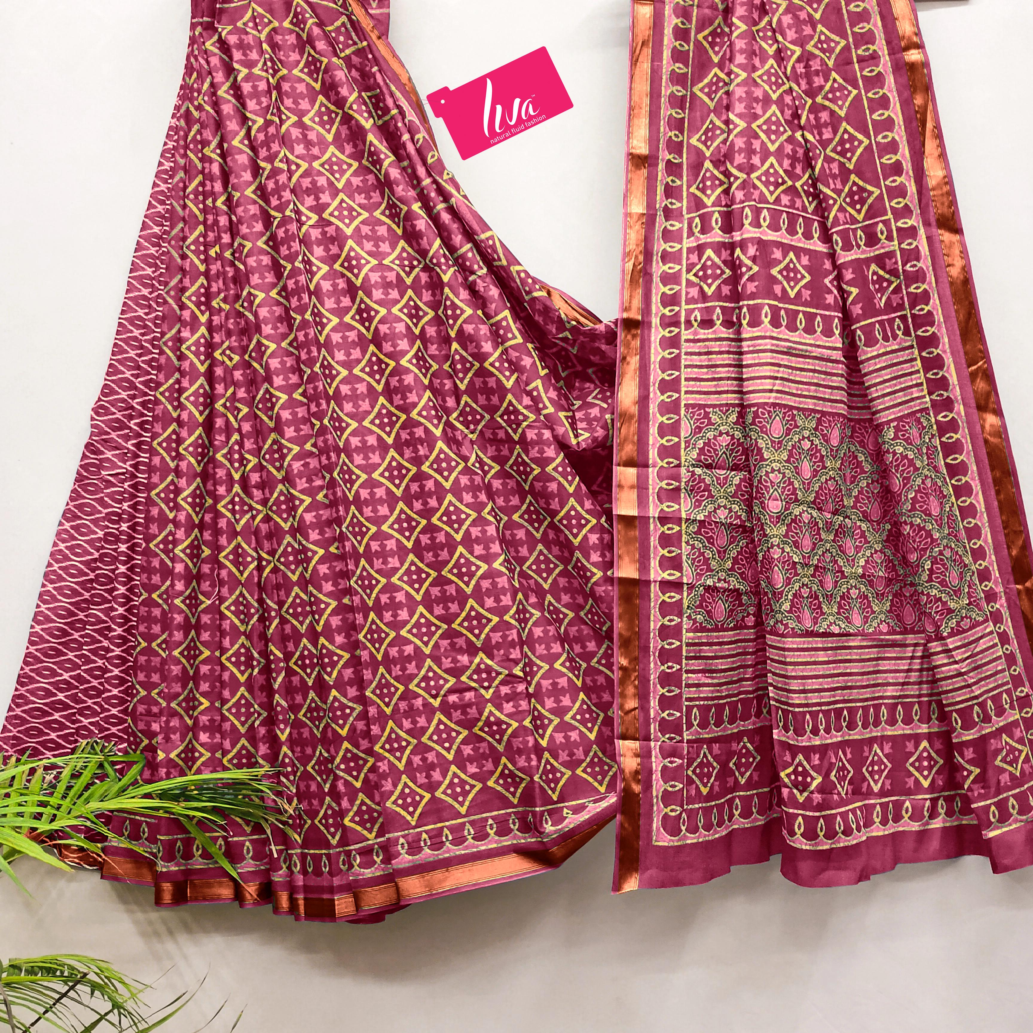 Maroon Pure Soft Mal Mal Cotton Bagru Block Print Saree Cotton saree Anant Tex Exports Pvt.Ltd..