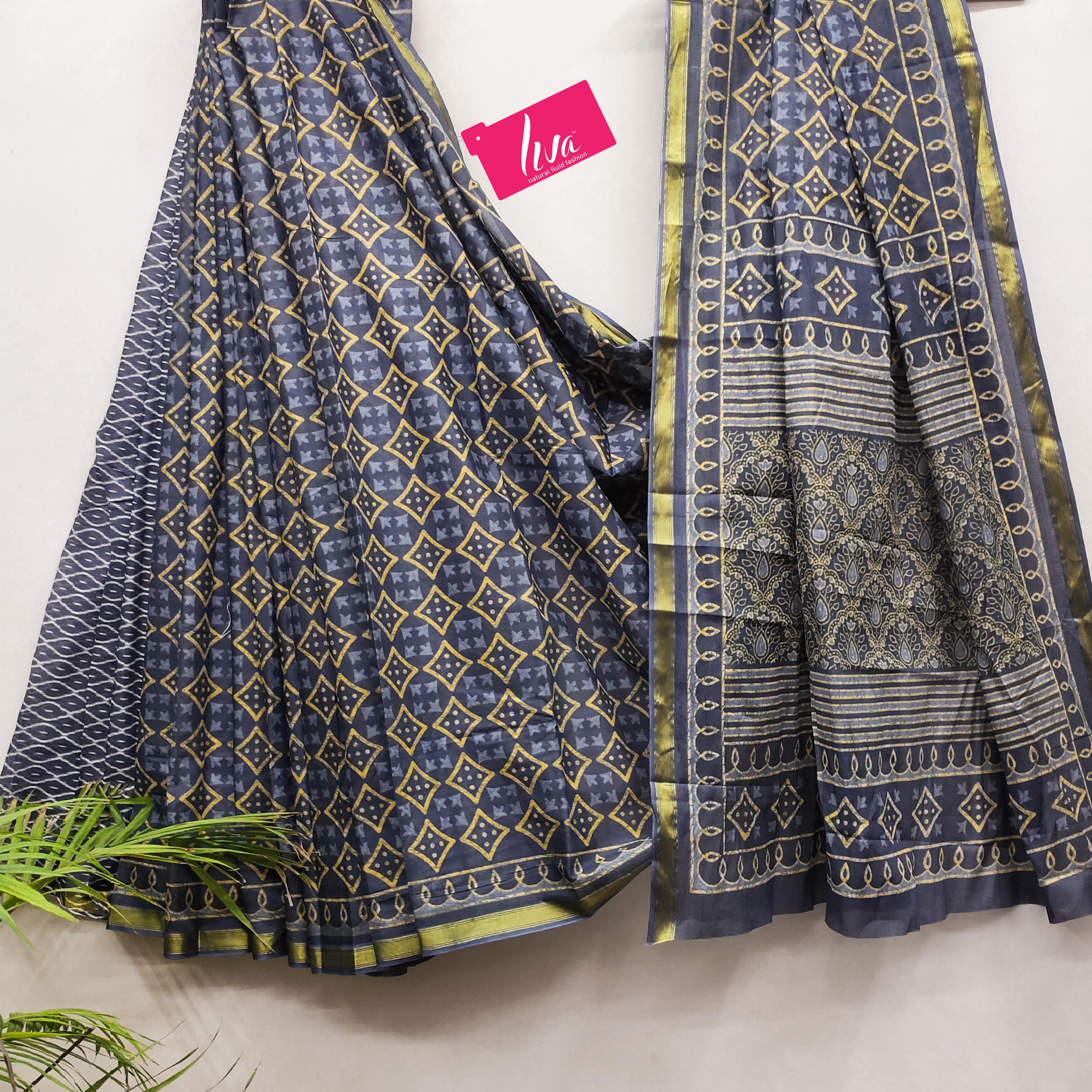 Grey Pure Soft Mal Mal Cotton Bagru Block Print Saree Cotton saree Anant Tex Exports Pvt.Ltd..