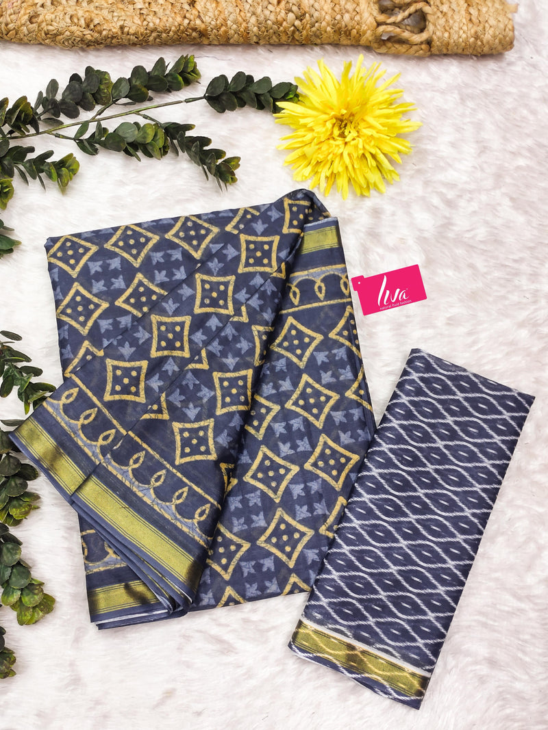 Grey Pure Soft Mal Mal Cotton Bagru Block Print Saree