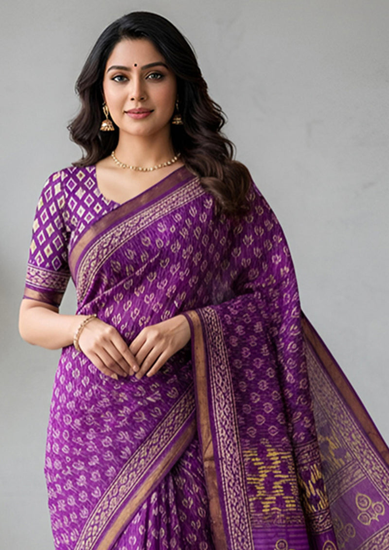 Purple Pure Soft Mal Mal Cotton Bagru Block Print Saree