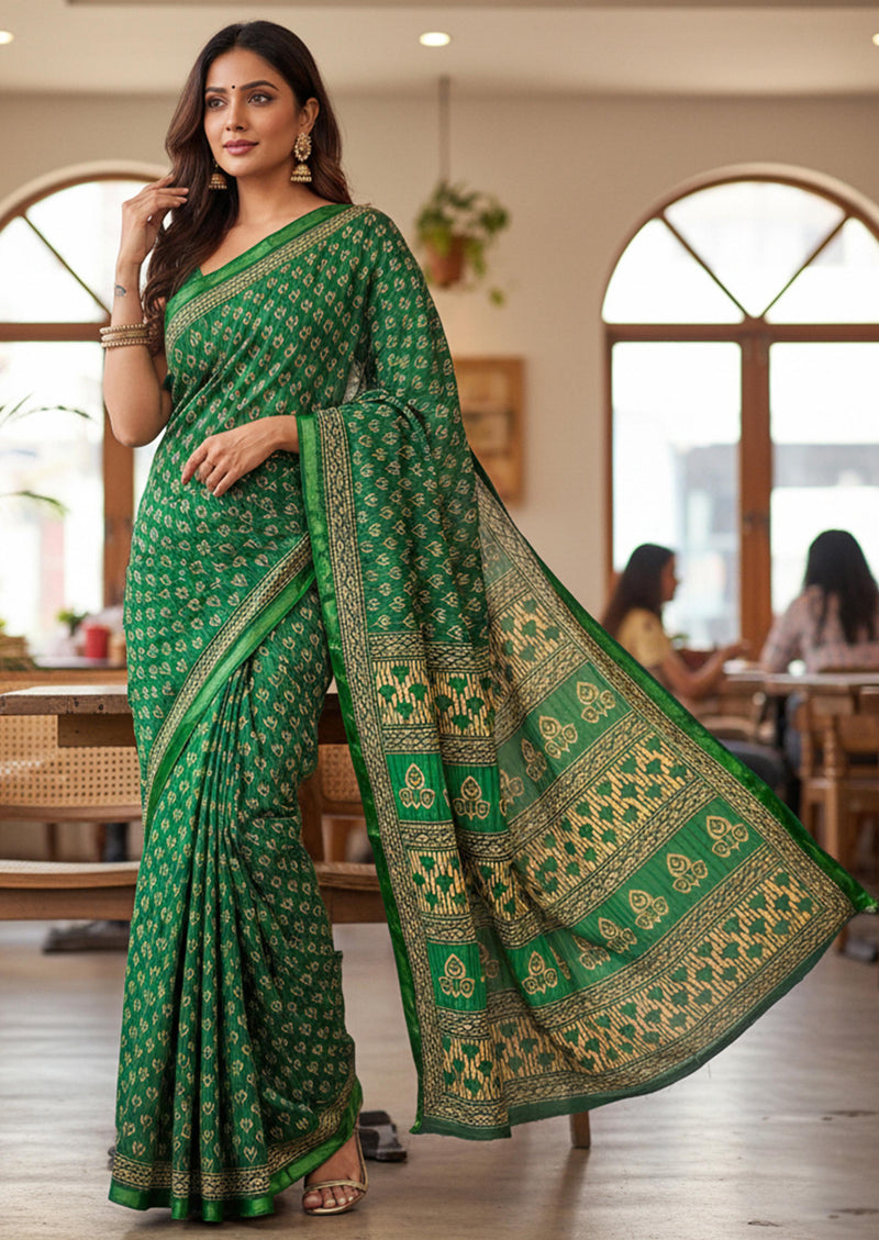 Green Pure Soft Mal Mal Cotton Bagru Block Print Saree