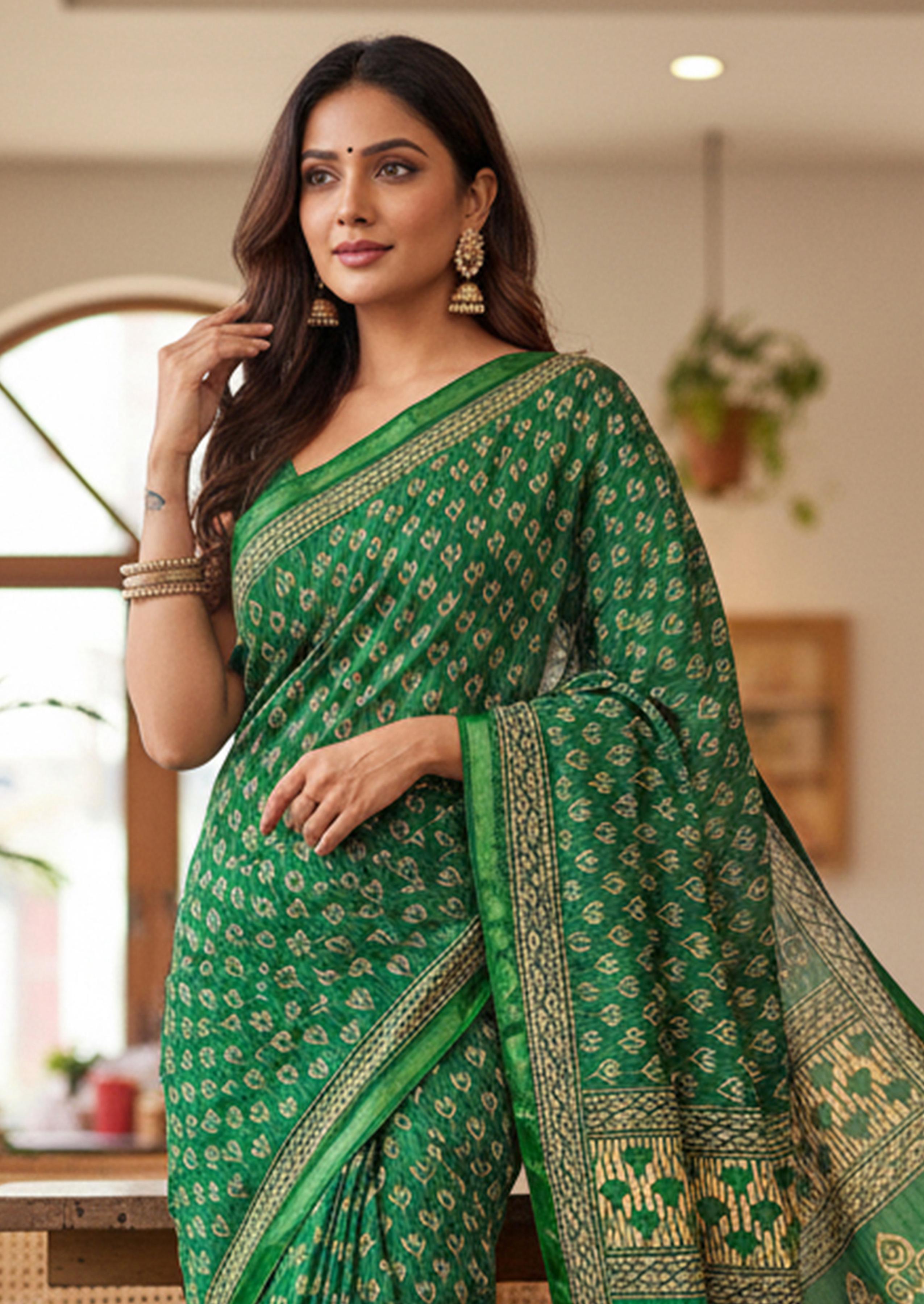 Green Pure Soft Mal Mal Cotton Bagru Block Print Saree