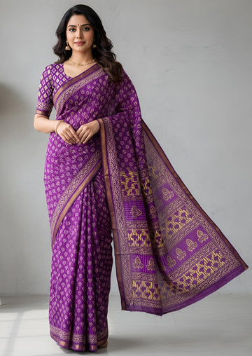 Purple Pure Soft Mal Mal Cotton Bagru Block Print Saree