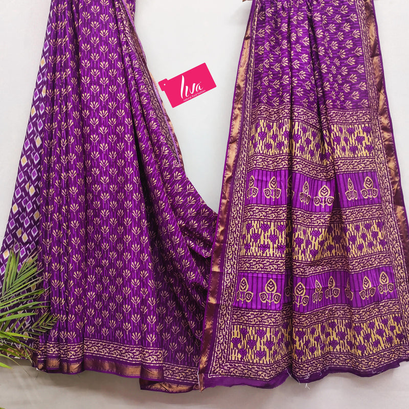 Purple Pure Soft Mal Mal Cotton Bagru Block Print Saree