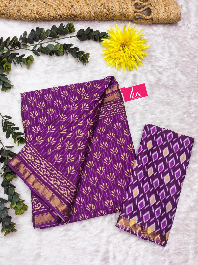 Purple Pure Soft Mal Mal Cotton Bagru Block Print Saree