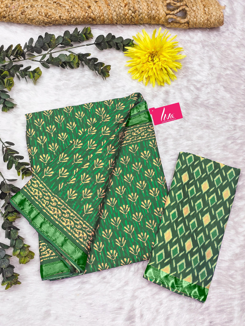 Green Pure Soft Mal Mal Cotton Bagru Block Print Saree