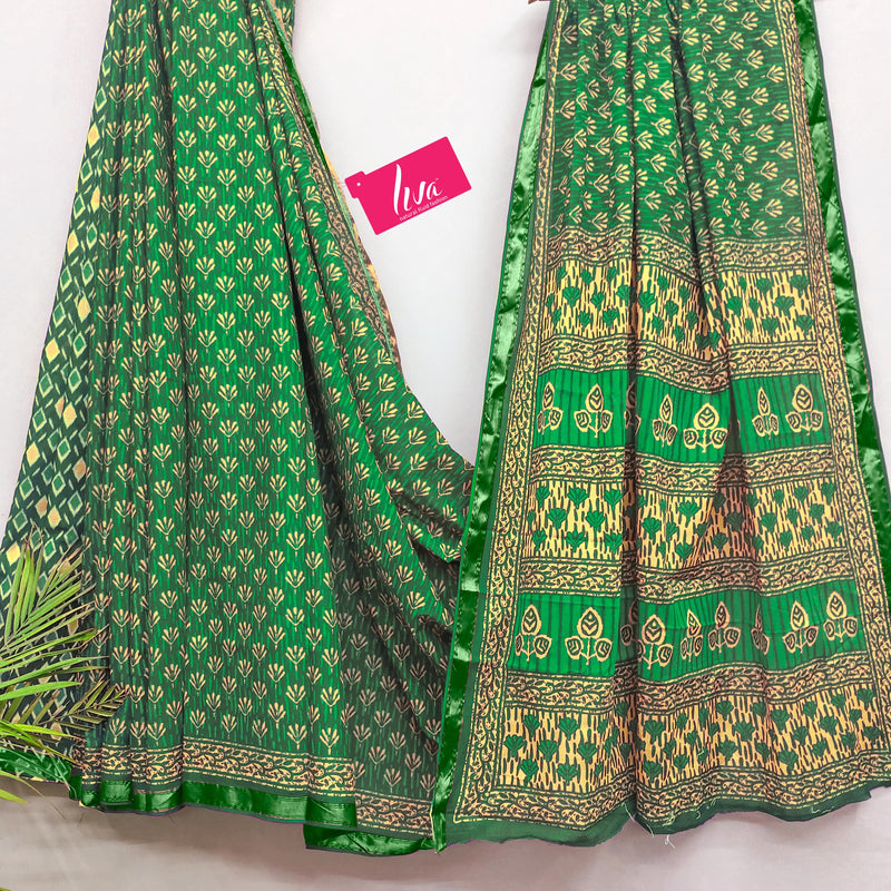 Green Pure Soft Mal Mal Cotton Bagru Block Print Saree