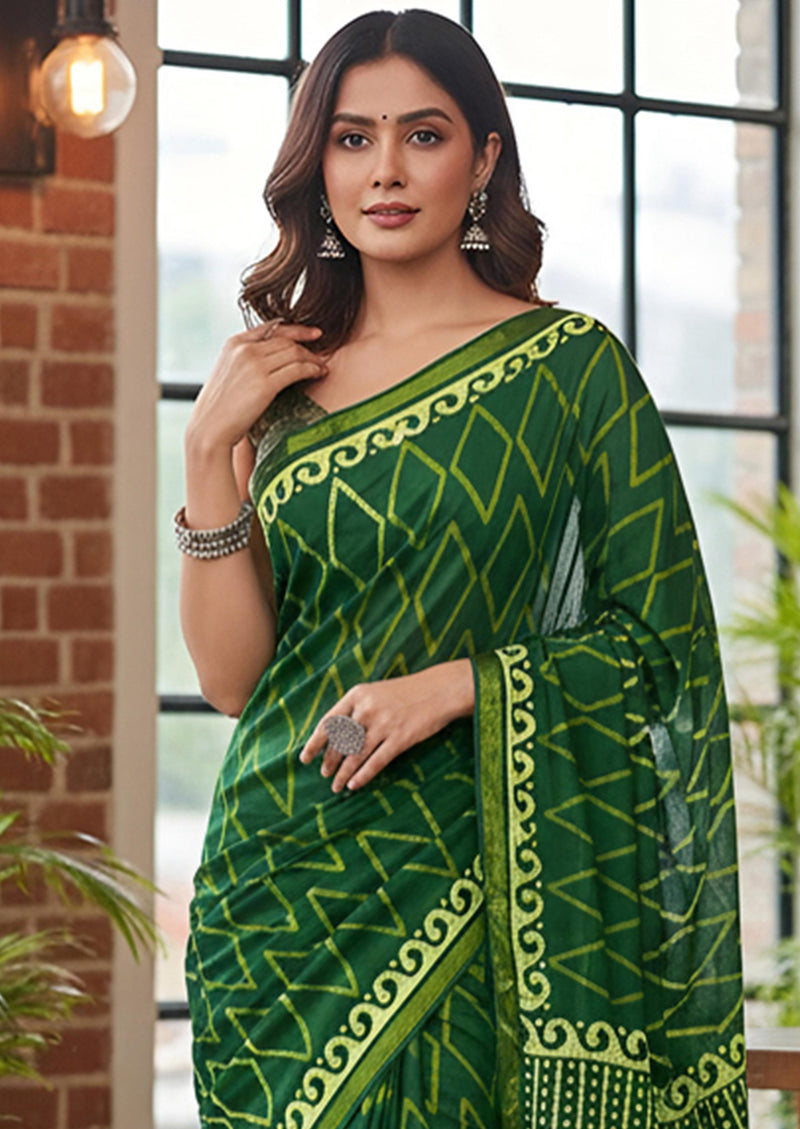Green Pure Soft Mal Mal Cotton Bagru Block Print Saree
