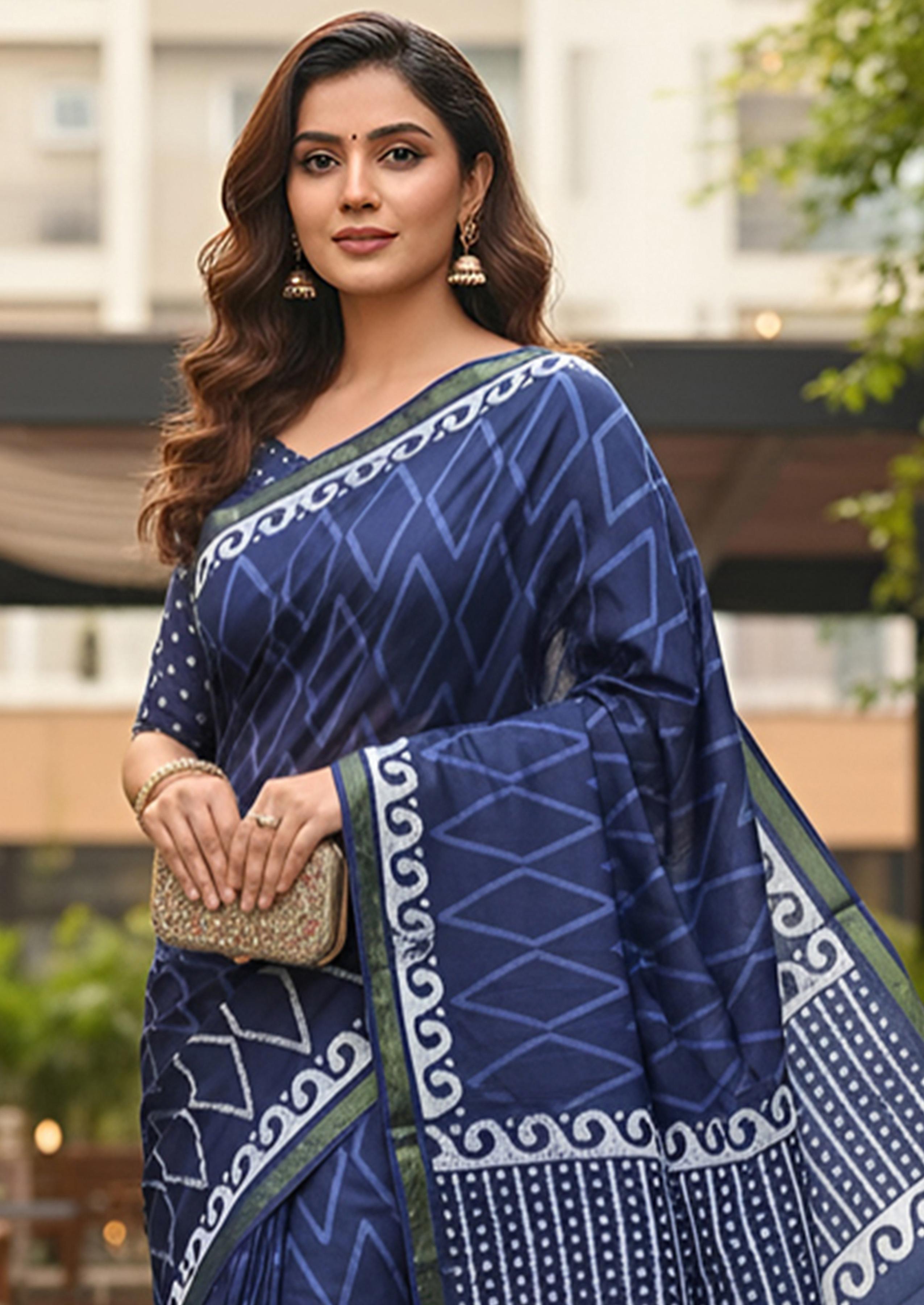 Indigo Blue Pure Soft Mal Mal Cotton Bagru Block Print Saree