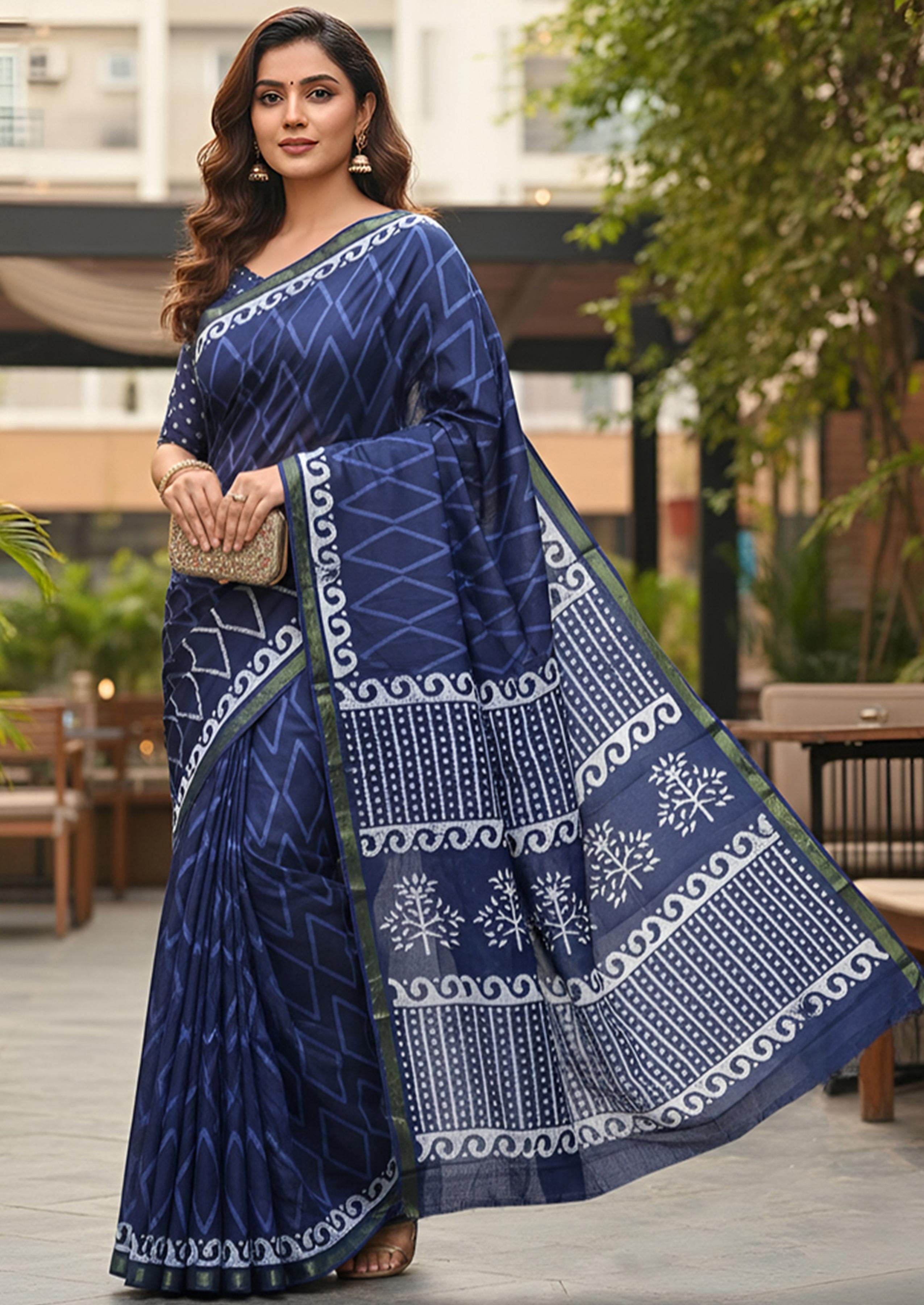 Indigo Blue Pure Soft Mal Mal Cotton Bagru Block Print Saree