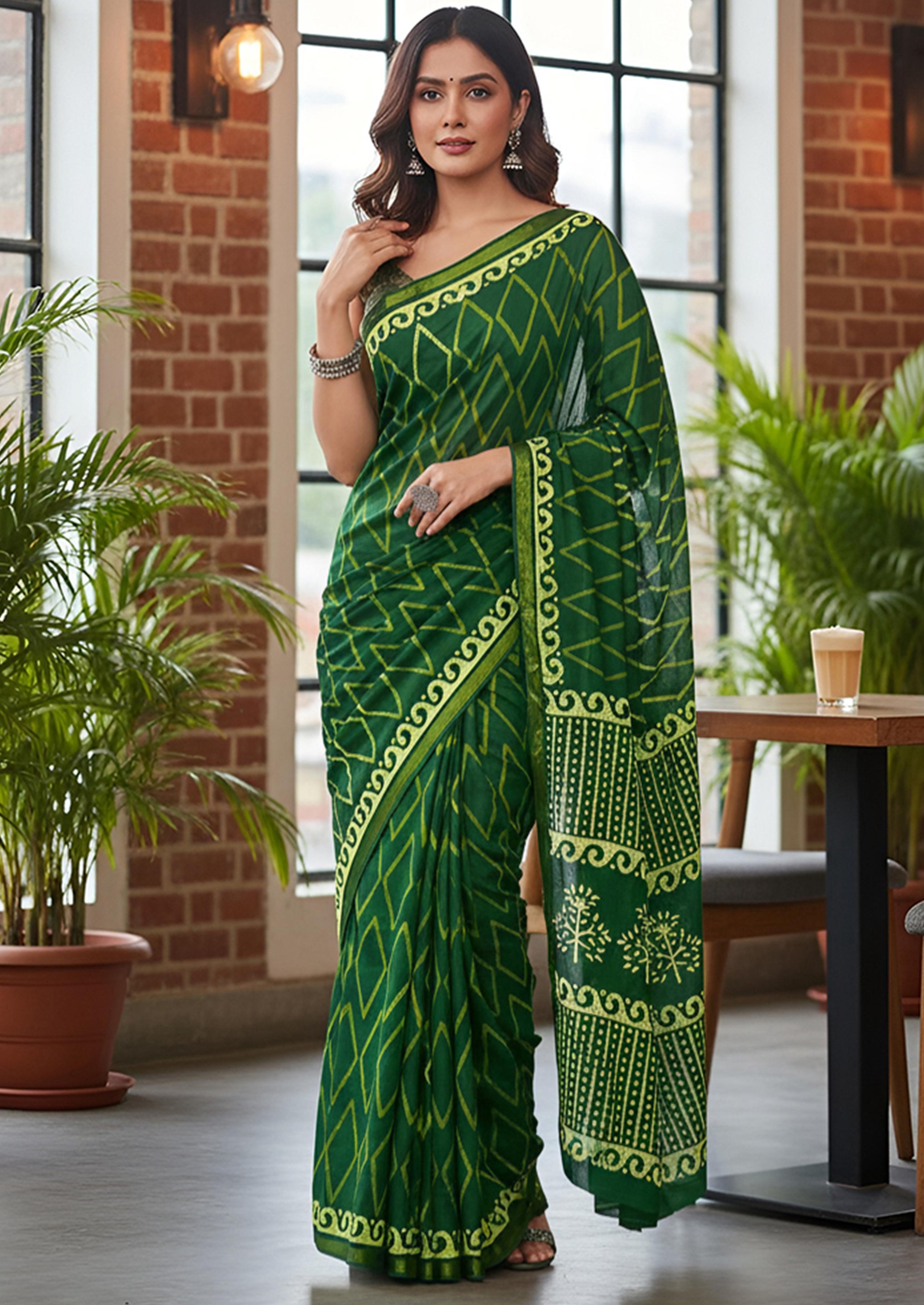 Green Pure Soft Mal Mal Cotton Bagru Block Print Saree