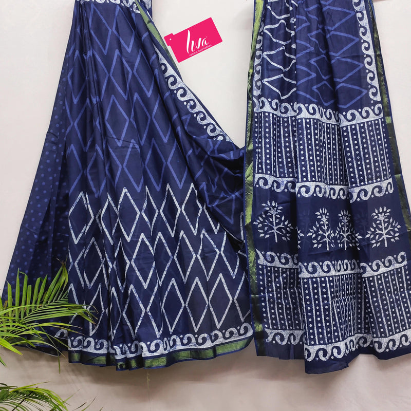 Indigo Blue Pure Soft Mal Mal Cotton Bagru Block Print Saree