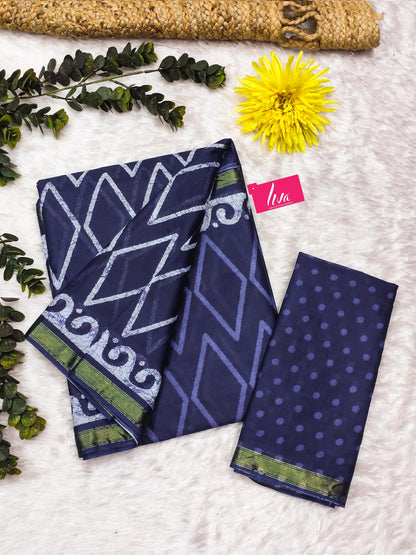 Indigo Blue Pure Soft Mal Mal Cotton Bagru Block Print Saree Cotton saree Anant Tex Exports Pvt.Ltd..