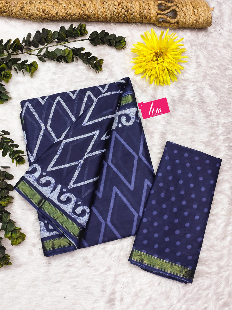 Indigo Blue Pure Soft Mal Mal Cotton Bagru Block Print Saree