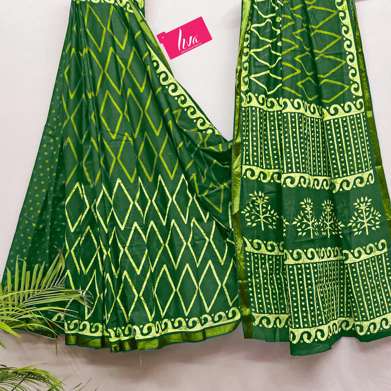 Green Pure Soft Mal Mal Cotton Bagru Block Print Saree