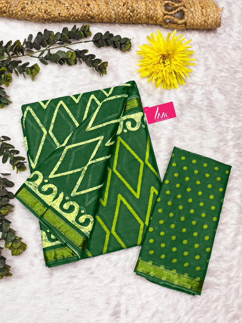 Green Pure Soft Mal Mal Cotton Bagru Block Print Saree