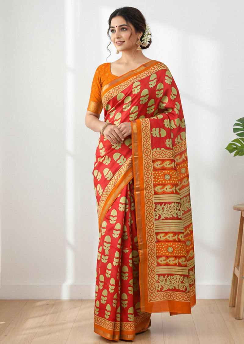 Orange Pure Soft Mal Mal Cotton Bagru Block Print Saree