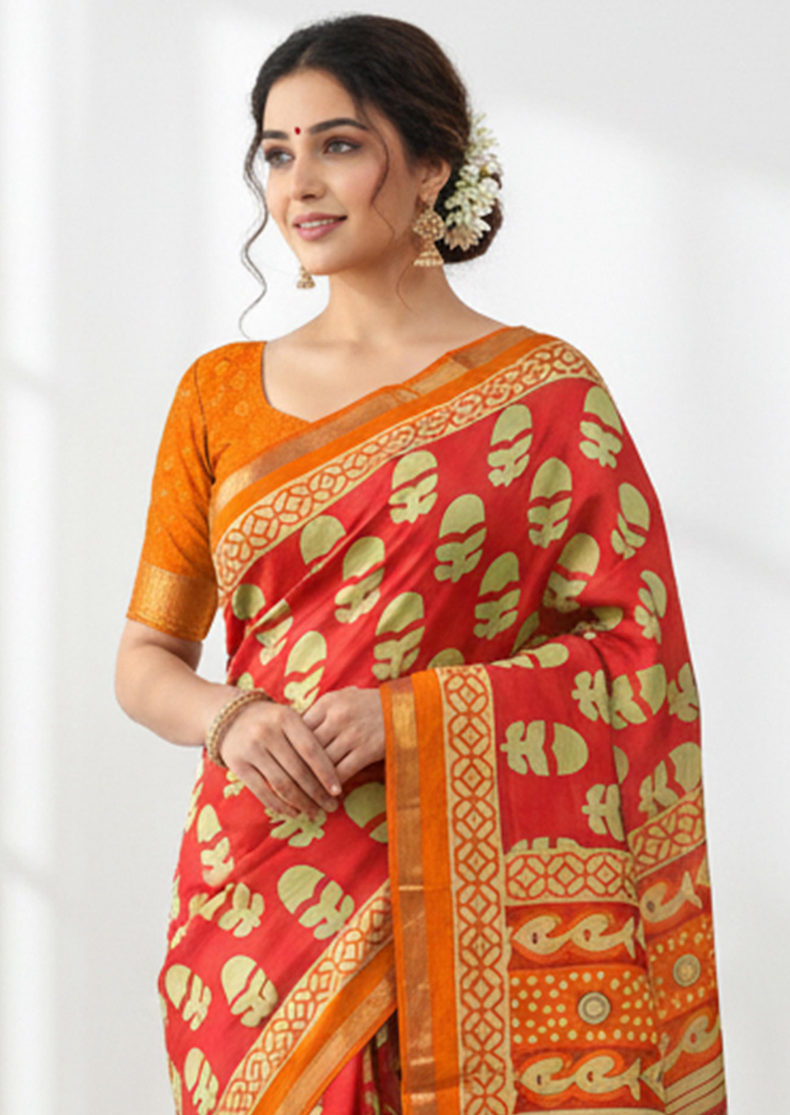 Orange Pure Soft Mal Mal Cotton Bagru Block Print Saree
