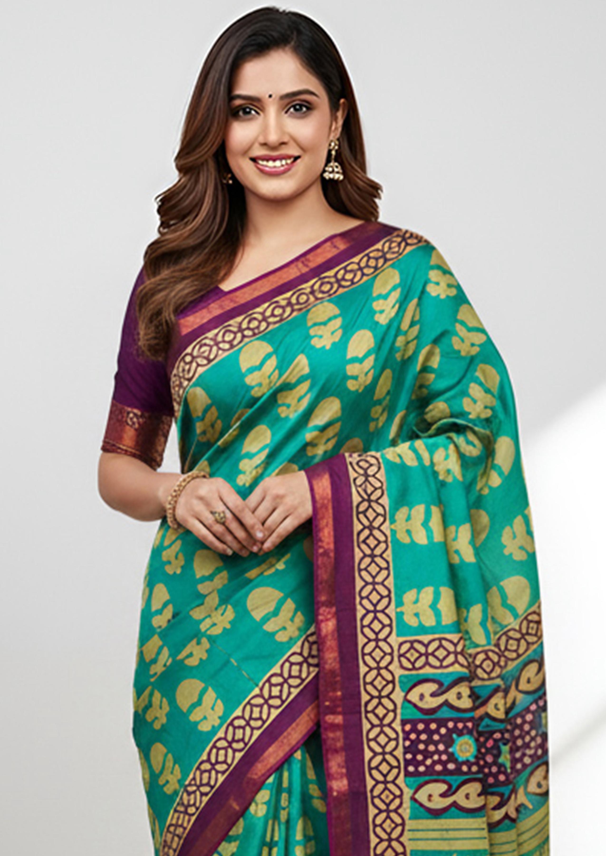 Green Pure Soft Mal Mal Cotton Bagru Block Print Saree