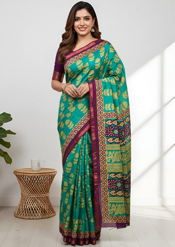 Green Pure Soft Mal Mal Cotton Bagru Block Print Saree