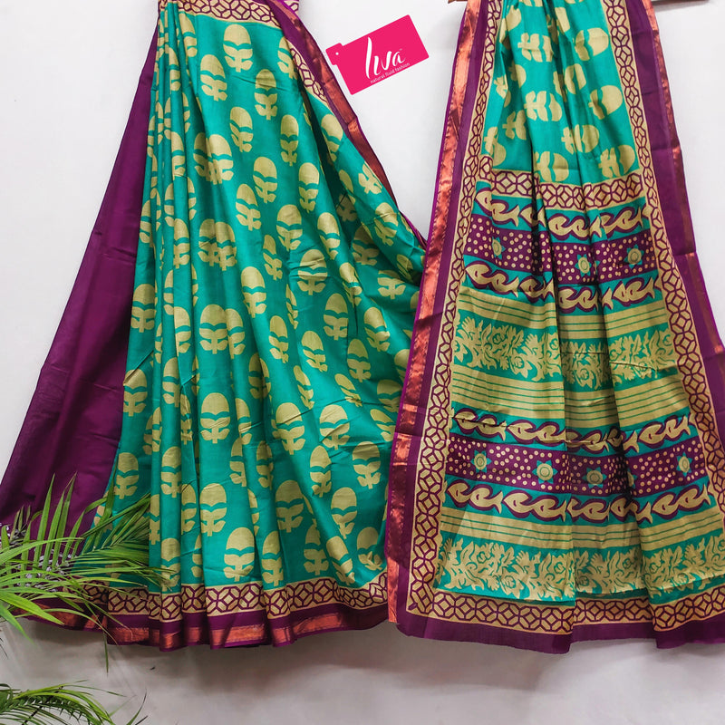 Green Pure Soft Mal Mal Cotton Bagru Block Print Saree