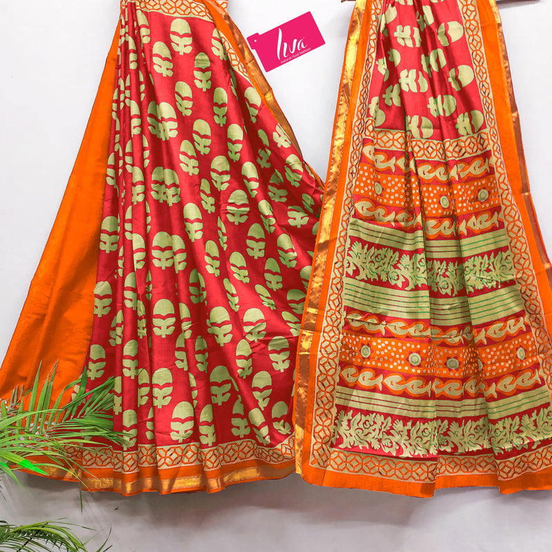 Orange Pure Soft Mal Mal Cotton Bagru Block Print Saree