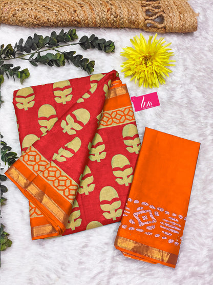 Orange Pure Soft Mal Mal Cotton Bagru Block Print Saree Cotton saree Anant Tex Exports Pvt.Ltd..